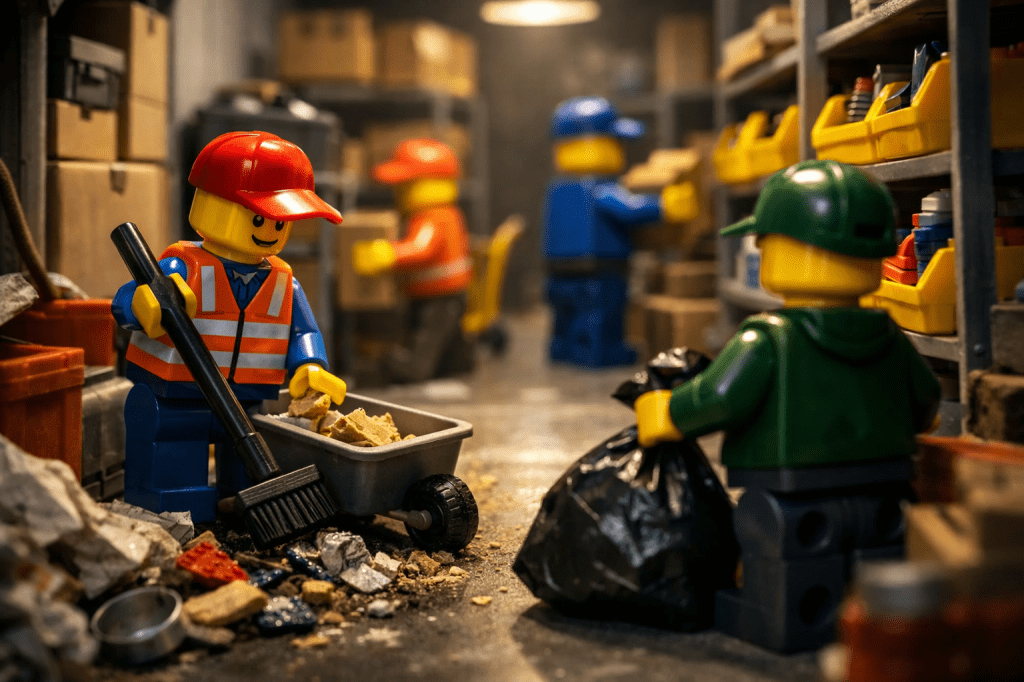 Lego Workers clearing scrap and organizing materials in a construction storage area, illustrating how CyberStockroom helps maintain safe workspaces through structured inventory and replenishment practices.