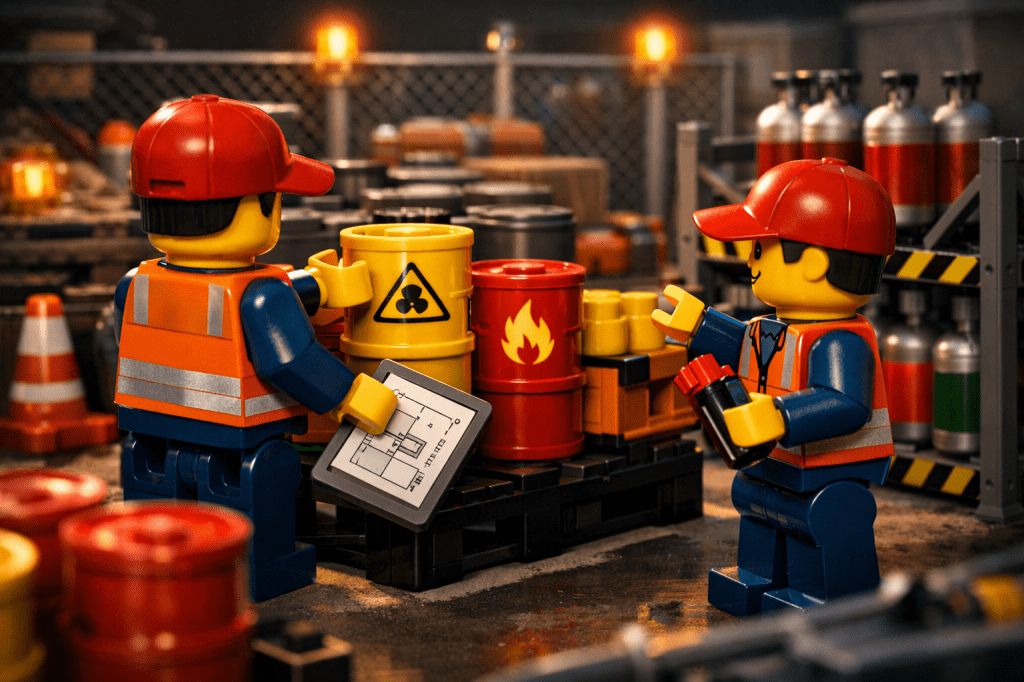 Lego Construction personnel setting up controlled storage for hazardous materials with proper labeling and separation, showing how CyberStockroom helps enforce safe and intentional inventory organization.