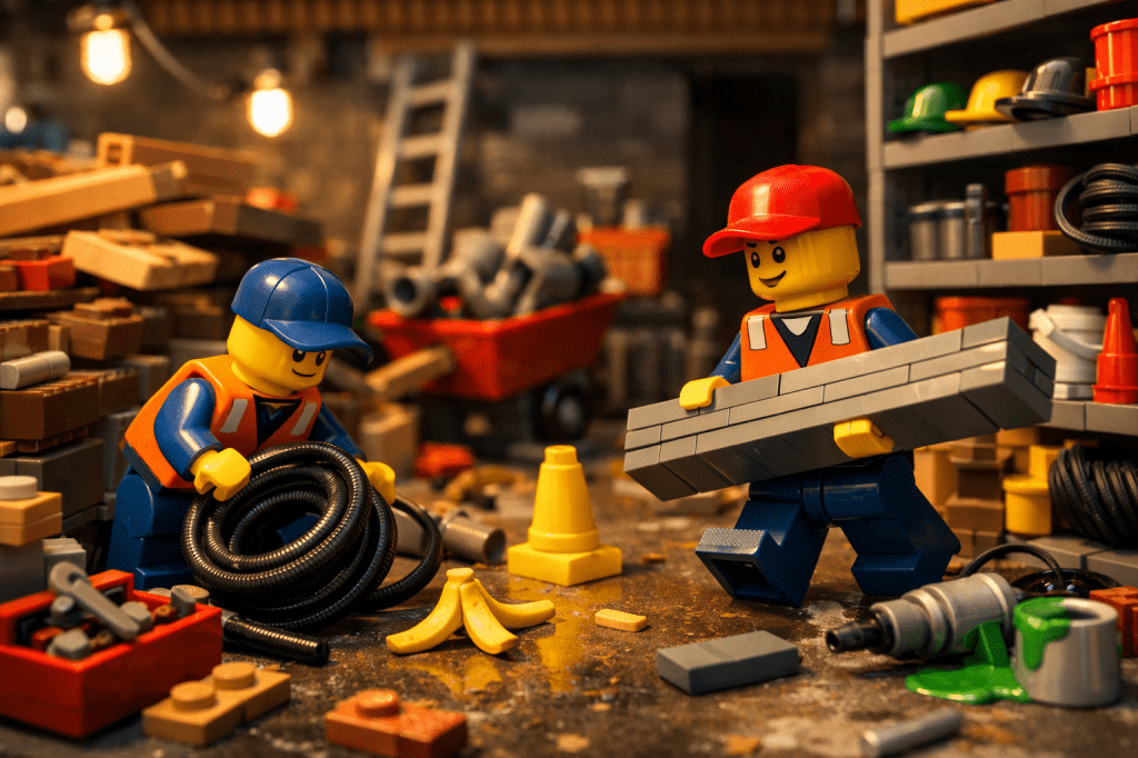 lego Construction workers removing obstacles and organizing scattered materials to reduce trip hazards and improve workflow, demonstrating how CyberStockroom supports safer sites and keeps materials available to avoid delays.