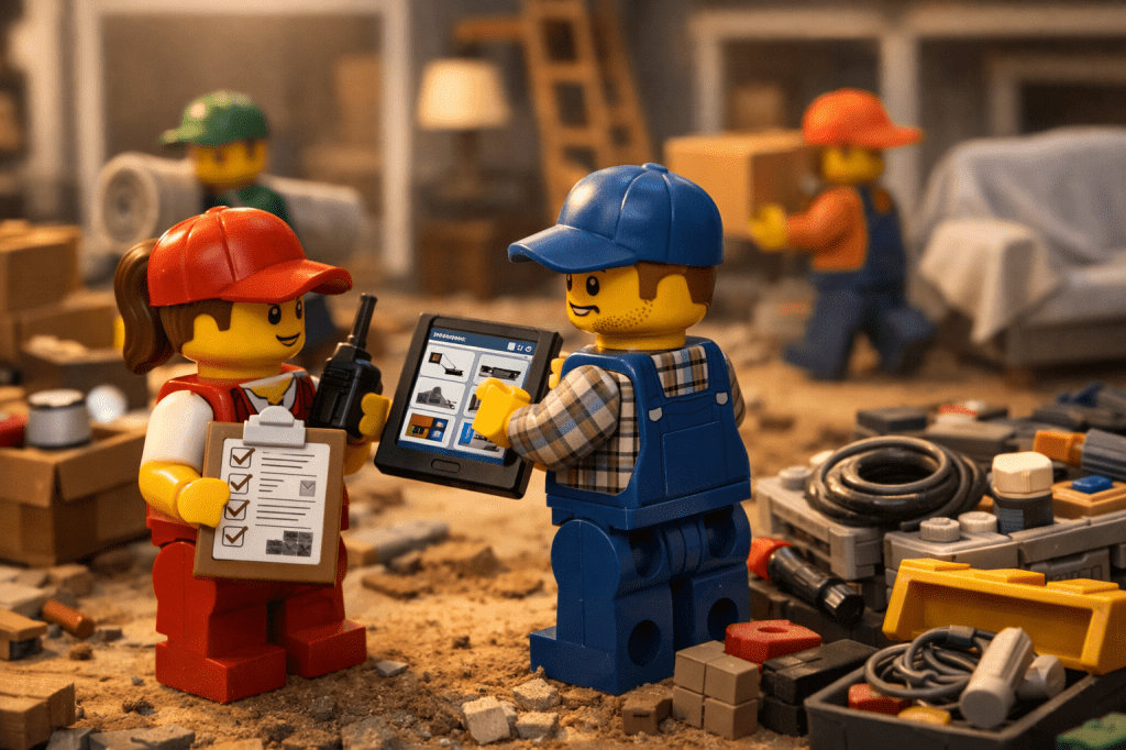 Construction team coordinating tools and materials on a dynamic job site using a shared checklist and digital system, showing how CyberStockroom helps track inventory that is constantly moving across locations.