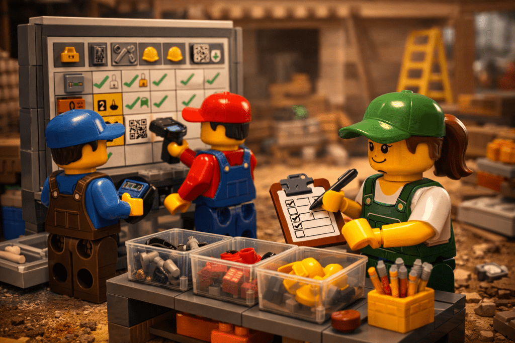 Construction LEGO team using a visual board and labeled bins to track tools and materials, showing how CyberStockroom enables a location-based inventory accountability system where every item has a defined home and status is clearly visible.