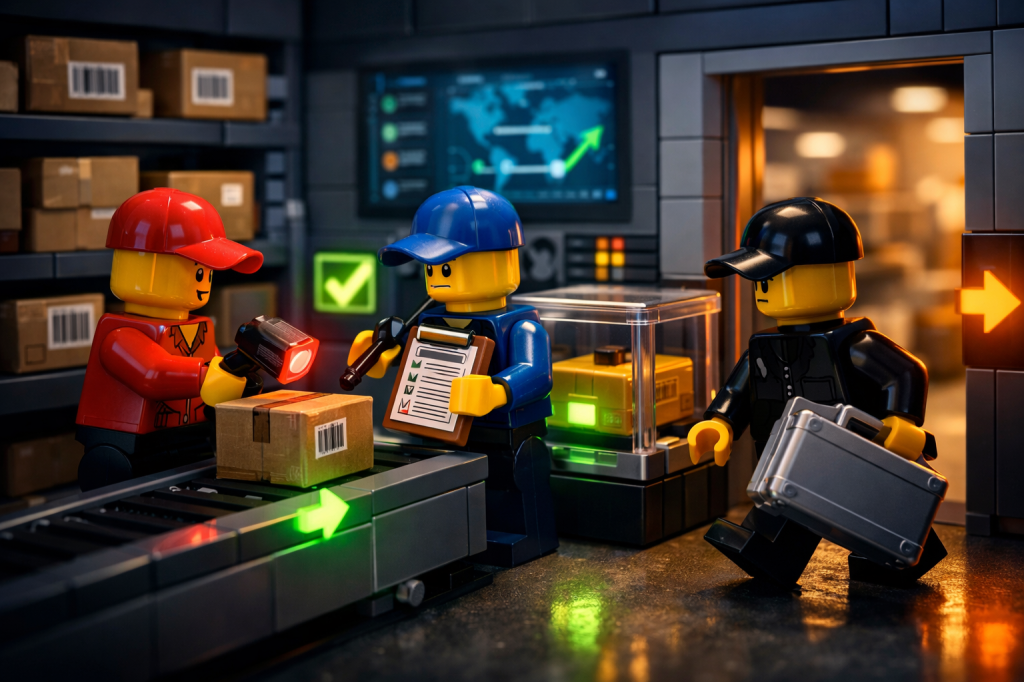 Construction LEGO team scanning and transferring items between locations, highlighting how CyberStockroom simplifies check-in, check-out, and transfer transactions to maintain inventory accuracy across every movement point.