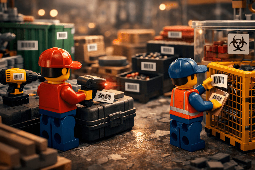 Construction LEGO team scanning barcodes on tools and storage bins in a busy jobsite environment, showing how CyberStockroom enables fast, consistent inventory tracking through simple barcode workflows.