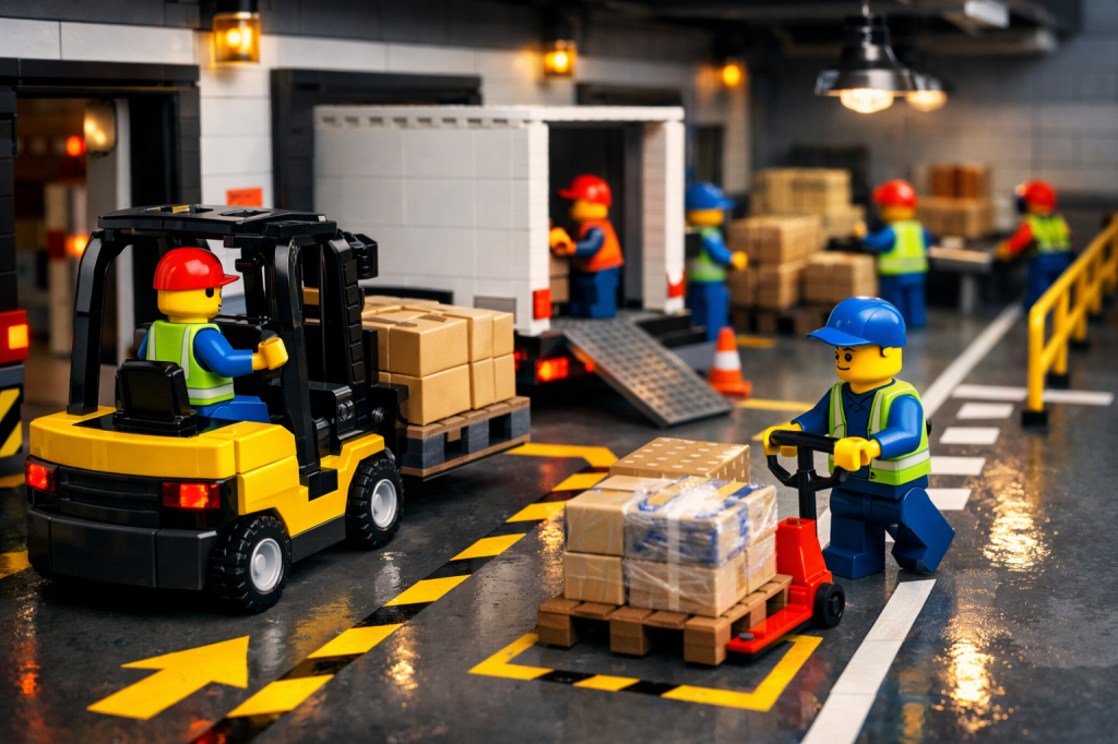 LEGO warehouse scene with forklift lanes and pedestrian pathways clearly marked, illustrating structured inventory mapping and improved inventory visibility with CyberStockroom