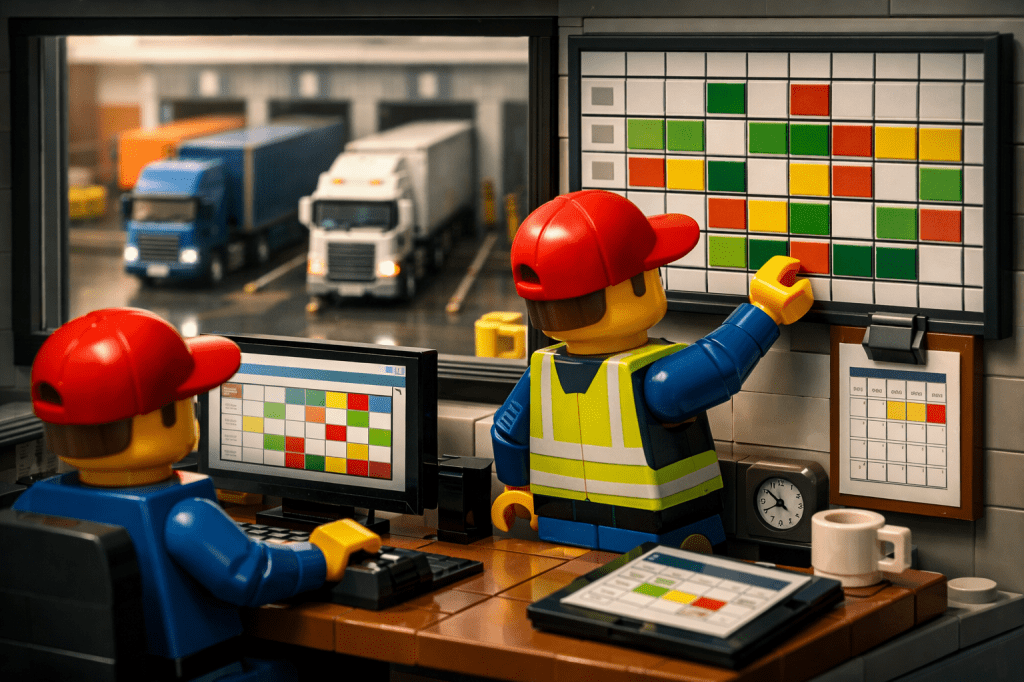 LEGO warehouse office with dock scheduling board and truck arrivals, illustrating structured inventory mapping and improved inventory visibility through appointment-based receiving