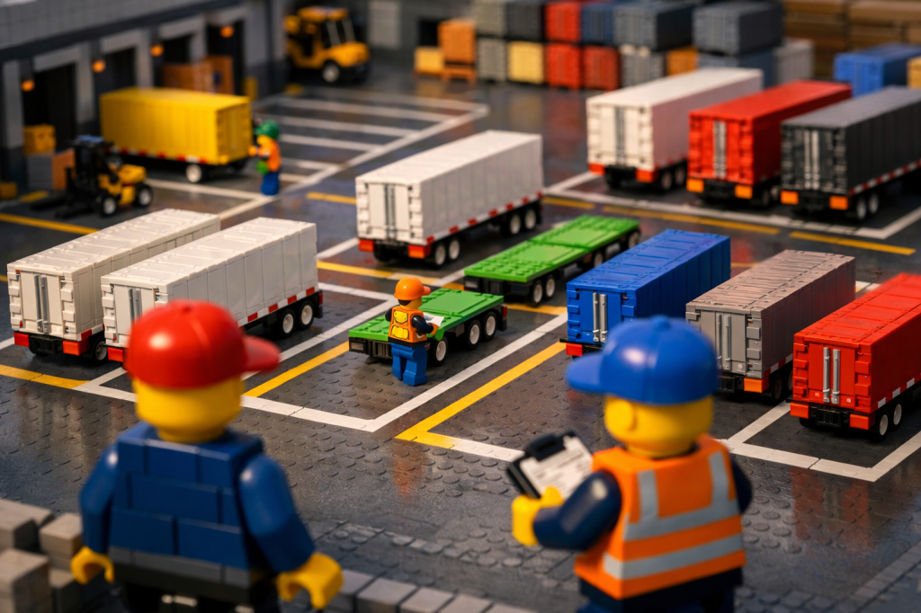 LEGO distribution yard with structured trailer layout and workers tracking positions, illustrating inventory mapping and real-time inventory visibility with CyberStockroom