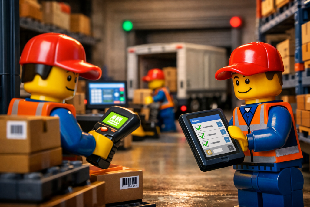 LEGO warehouse staff using barcode scanner and tablet for receiving, illustrating real-time inventory visibility, inventory mapping, and digital tracking with CyberStockroom