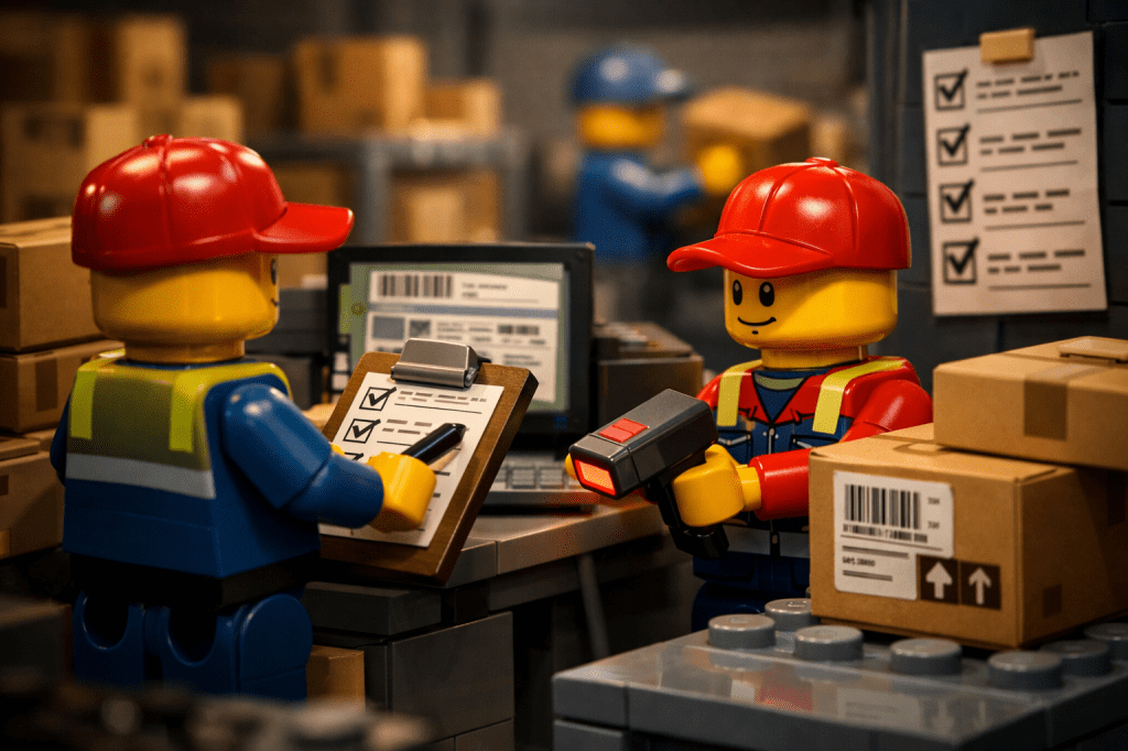 LEGO warehouse receiving process with checklist verification and barcode scanning, illustrating standardized workflows, inventory mapping, and enhanced inventory visibility with CyberStockroom