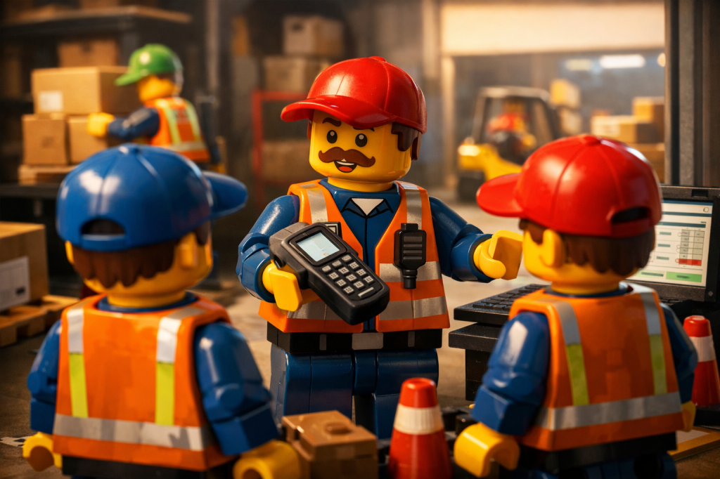 LEGO warehouse team training session with handheld scanner and system screen, illustrating standardized communication, inventory mapping, and enhanced inventory visibility with CyberStockroom