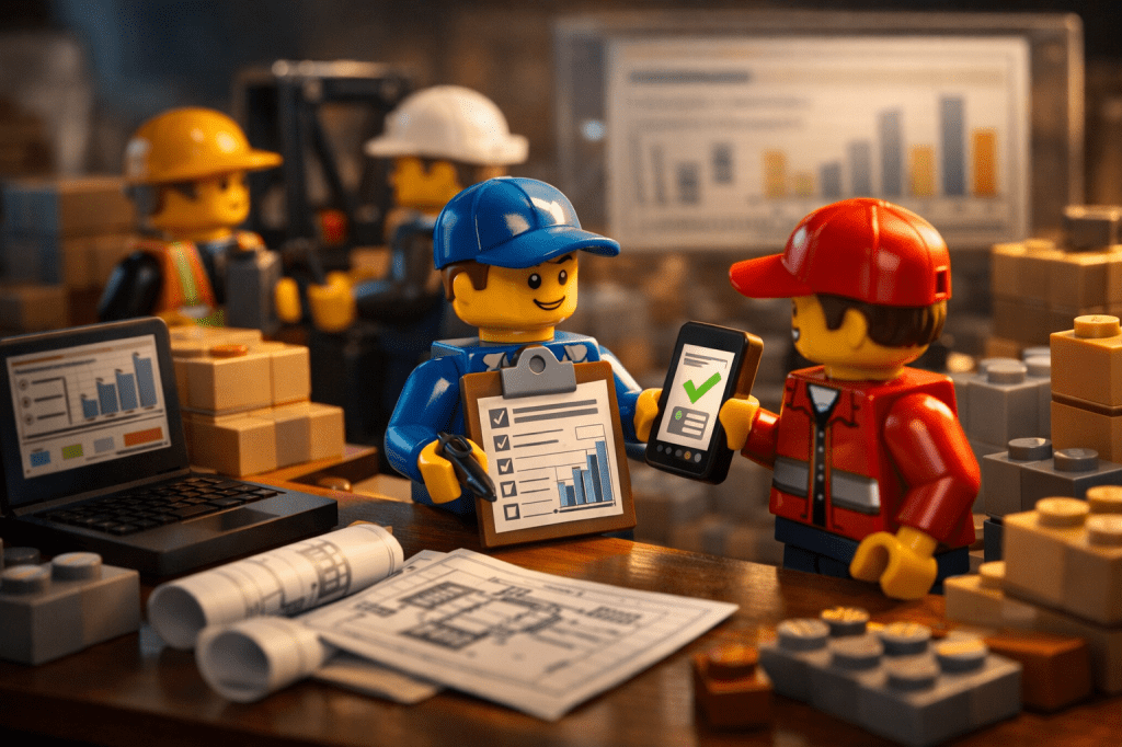 LEGO warehouse staff analyzing inventory reports and demand forecasts, illustrating data-driven inventory mapping and enhanced inventory visibility with CyberStockroom