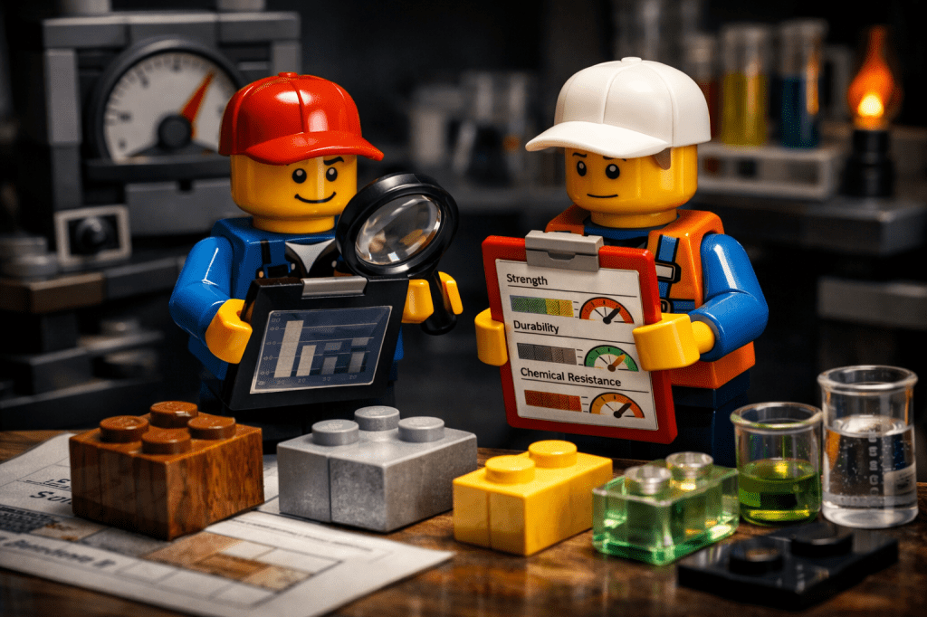LEGO workers assessing material properties like strength and durability with charts and samples, illustrating data-driven inventory mapping and enhanced inventory visibility with CyberStockroom