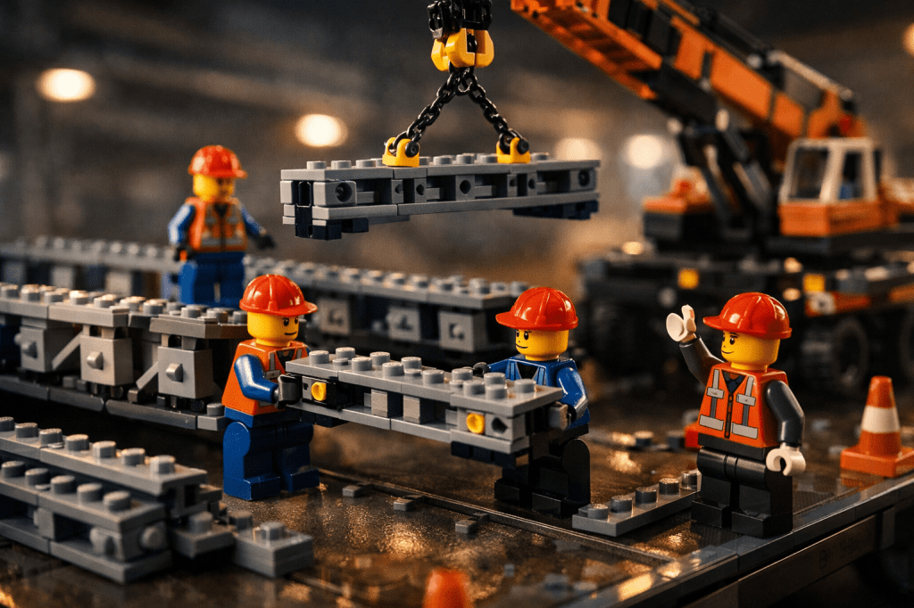 LEGO construction team assembling modular beams with crane, showing flexible inventory use and improved visibility with CyberStockroom