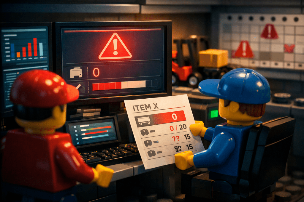 LEGO warehouse team reviewing low stock alert on inventory dashboard, showing real-time inventory visibility and shortage detection with CyberStockroom