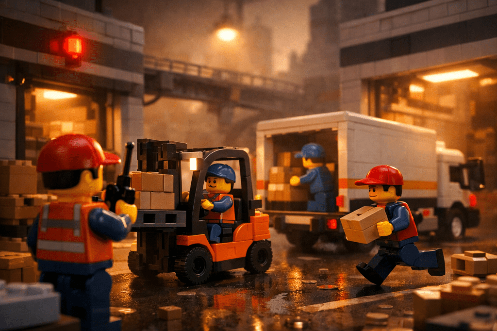 LEGO warehouse with active loading and workers rushing materials, showing demand uncertainty and the need for real-time inventory visibility with CyberStockroom