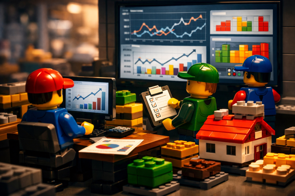 LEGO team analyzing demand forecasts and inventory data on dashboards, showing smarter planning and inventory visibility with CyberStockroom