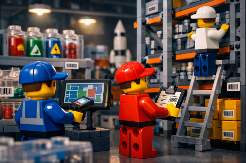 LEGO warehouse with structured shelving, labeled storage, and workers scanning inventory, illustrating space optimization, inventory mapping, and enhanced inventory visibility with CyberStockroom