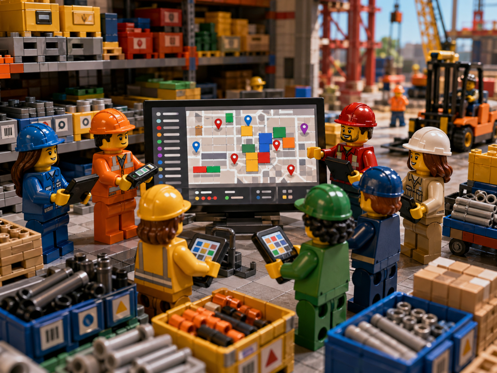 LEGO warehouse and construction teams collaborating around a digital inventory map with color-coded locations and labeled parts, illustrating how CyberStockroom extends parts visibility across departments