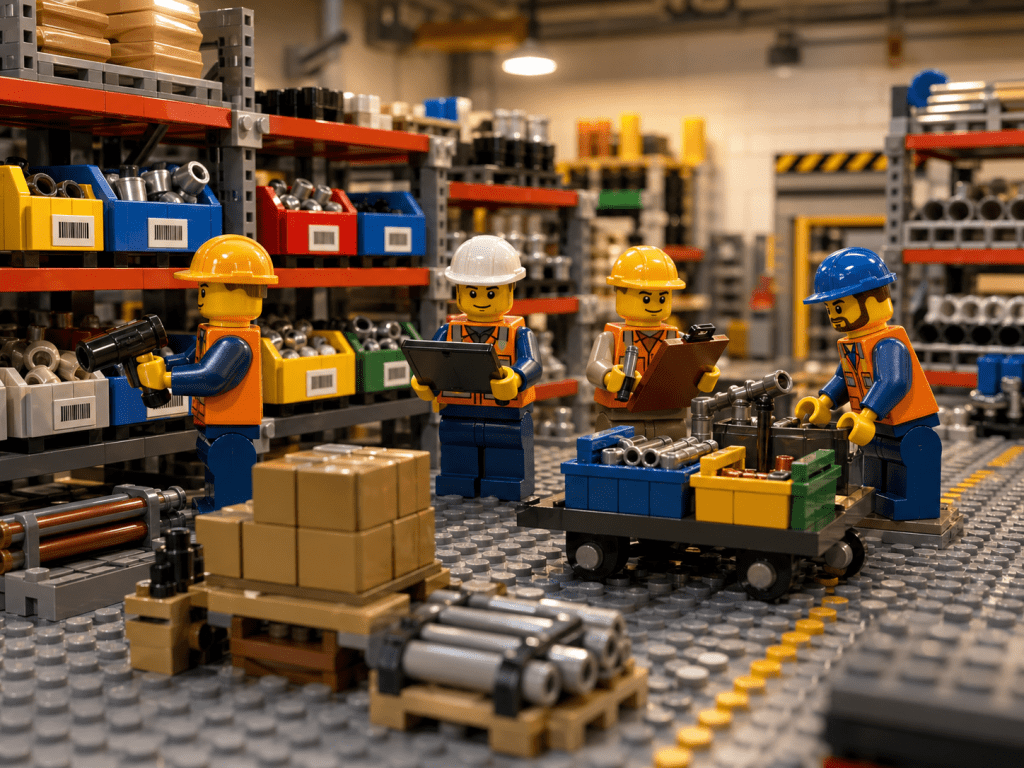LEGO stockroom scene with team members counting inventory, scanning bins, and verifying parts on shelves while operations continue, showing how cycle counting maintains traceability without disruption using CyberStockroom