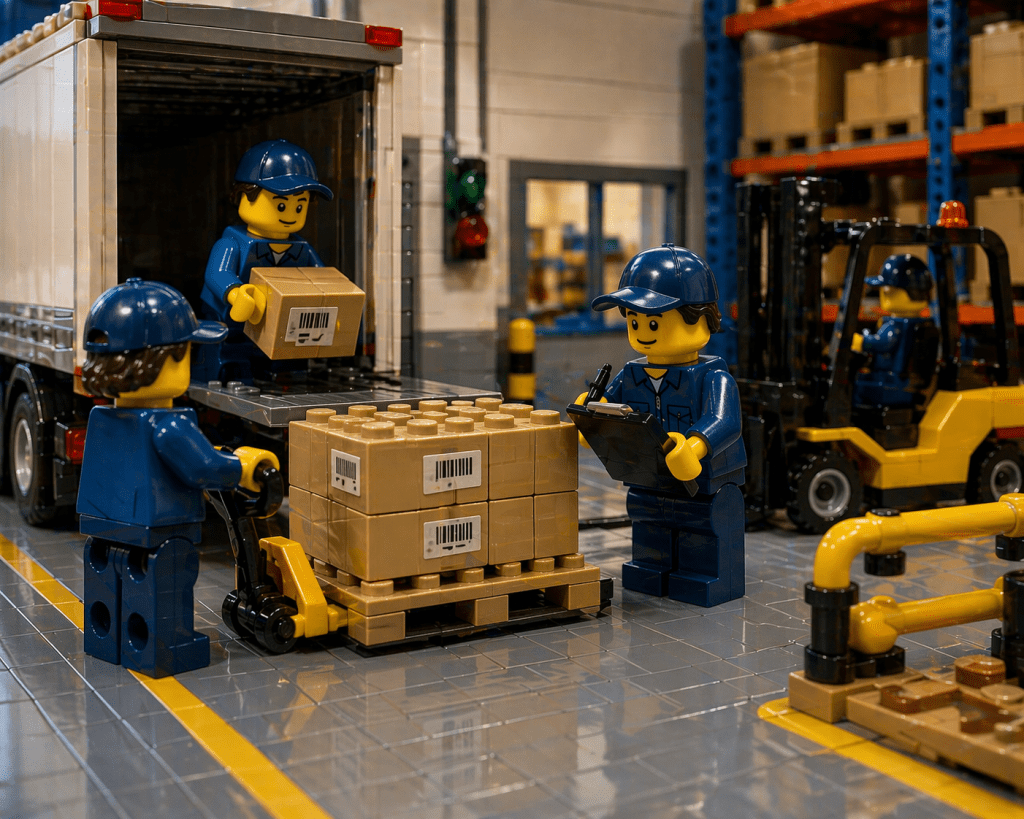 LEGO warehouse receiving and putaway process with labeled pallets and workers following consistent placement, illustrating standardized inventory mapping and improved inventory visibility with CyberStockroom