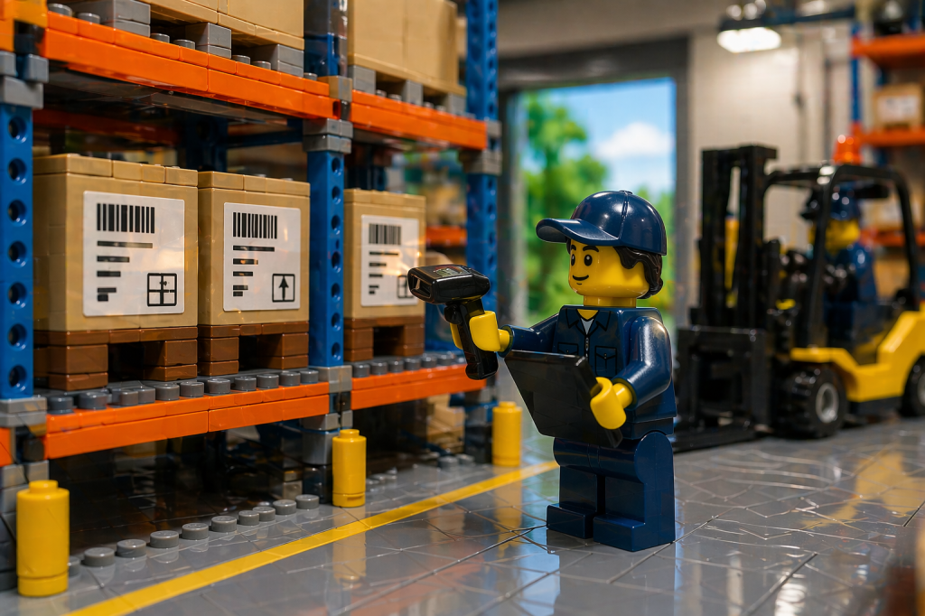 LEGO warehouse with clearly labeled shelves and worker scanning inventory, illustrating standardized location naming, inventory mapping, and reliable inventory visibility with CyberStockroom