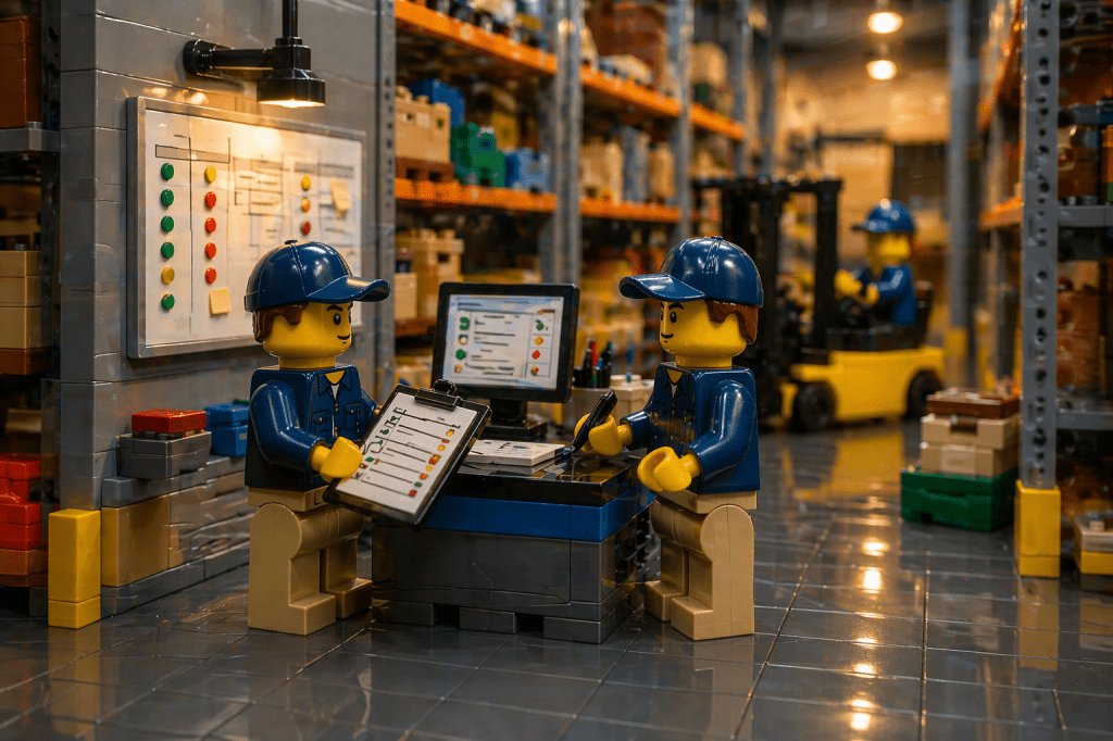 LEGO warehouse shift handover with workers reviewing inventory checklists and system data, illustrating structured communication, inventory mapping continuity, and improved inventory visibility with CyberStockroom