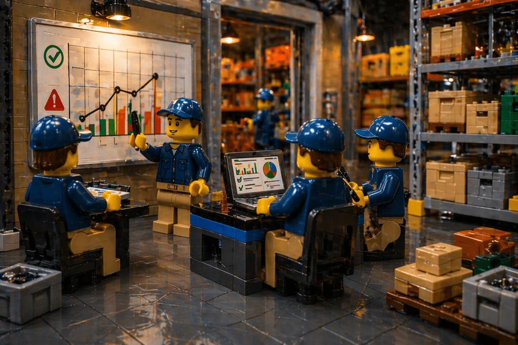 LEGO warehouse team analyzing performance dashboards and inventory reports, illustrating KPI tracking, system optimization, inventory mapping, and sustained inventory visibility with CyberStockroom