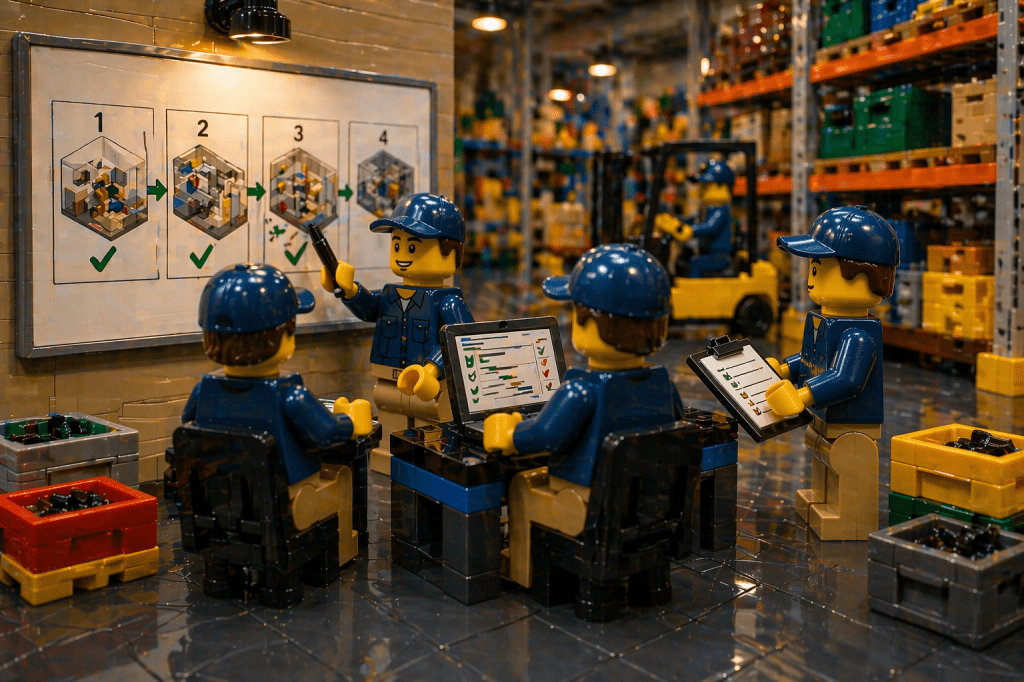 LEGO warehouse team reviewing rollout plan steps, showing structured implementation and improved inventory visibility with CyberStockroom