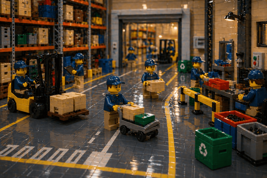 LEGO warehouse layout with forklifts, workers, and defined pathways, illustrating structured material flow, optimized layout, inventory mapping, and enhanced inventory visibility with CyberStockroom