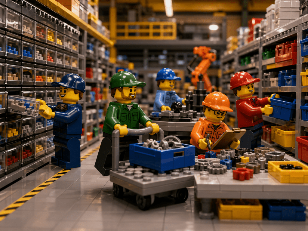 LEGO warehouse scene with multiple workers handling parts in storage, picking, and staging areas, illustrating cross-department inventory visibility and coordinated stock management with CyberStockroom