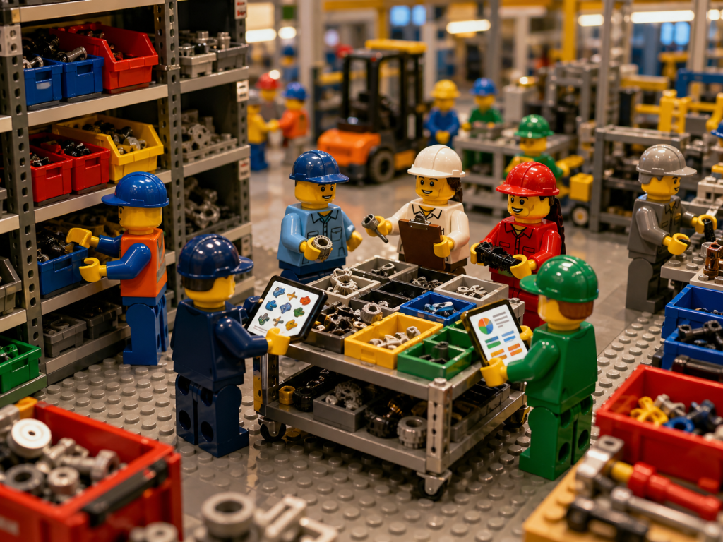 LEGO stockroom scene with multiple departments working together around organized parts and digital screens, illustrating connected inventory visibility, coordinated workflows, and real-time decision making using CyberStockroom