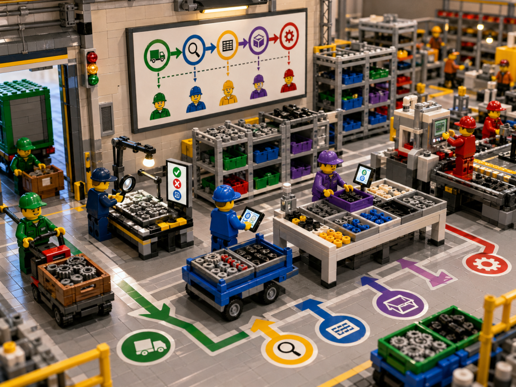 LEGO manufacturing scene with visual workflow mapping across departments, including receiving, inspection, staging, and production, demonstrating how process flow mapping improves accountability and inventory tracking with CyberStockroom