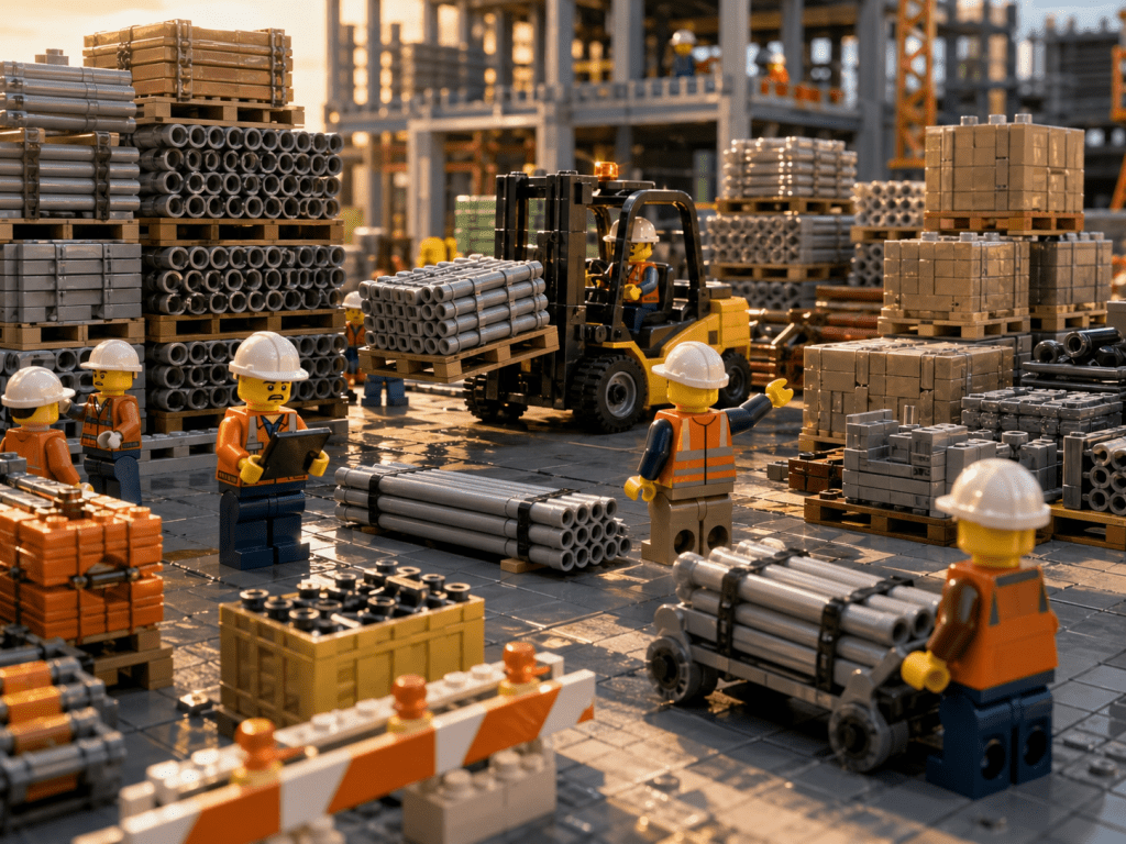 LEGO construction logistics scene with large material stockpiles, forklifts, and workers relocating items across the site, showing how misaligned schedules lead to excess inventory in some areas and shortages in others, highlighting just-in-time material strategy with CyberStockroom