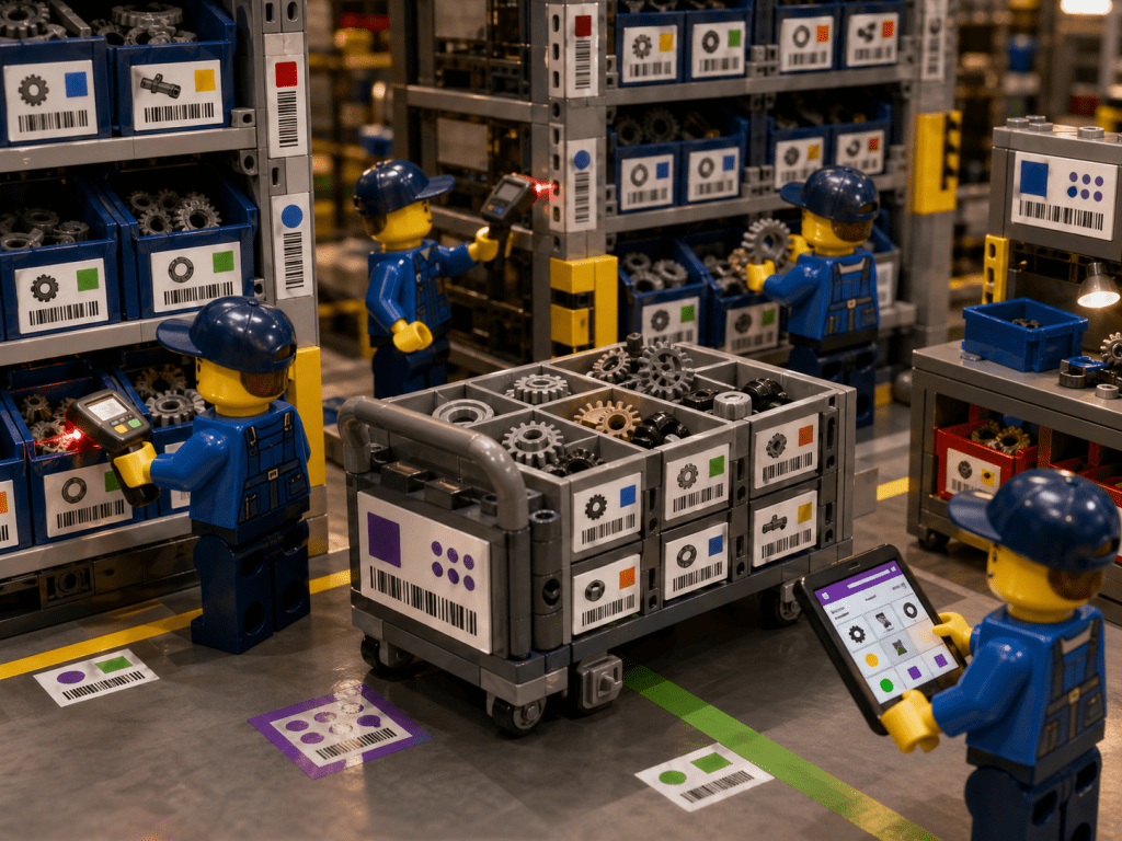 LEGO stockroom scene with labeled bins, shelves, and floor locations being scanned alongside parts, illustrating a system where both items and locations are tracked for accurate inventory management using CyberStockroom