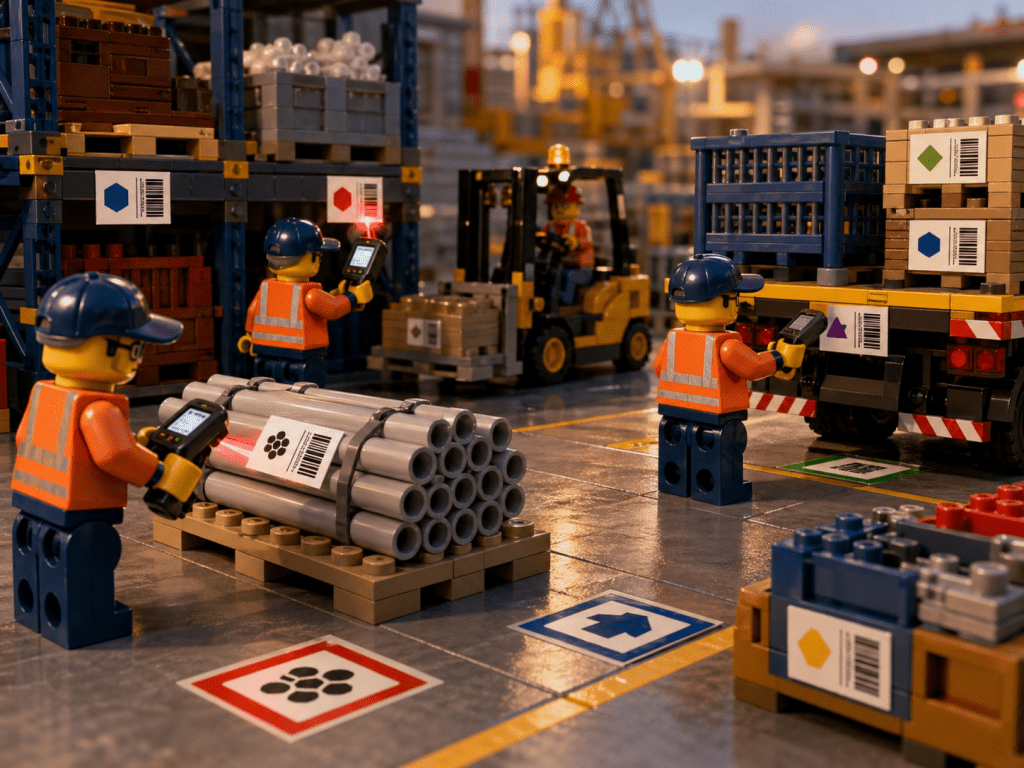 LEGO stockroom scene with multiple workers using barcode scanners on pipes, pallets, and storage areas during busy operations, illustrating how streamlined scanning improves accuracy and speed during high-volume inventory movement with CyberStockroom