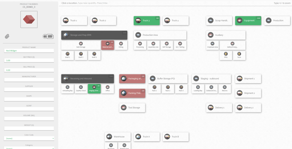 Cyberstockroom demo map showing how a single product is distributed to the locations in a factory.
