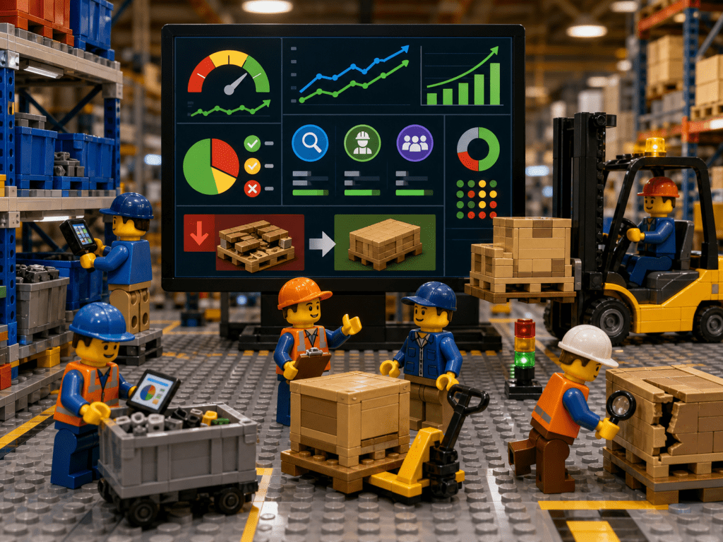 LEGO warehouse team reviewing performance metrics on a large digital dashboard while handling pallets and inventory tasks, showing how routines and data sustain improvements with CyberStockroom