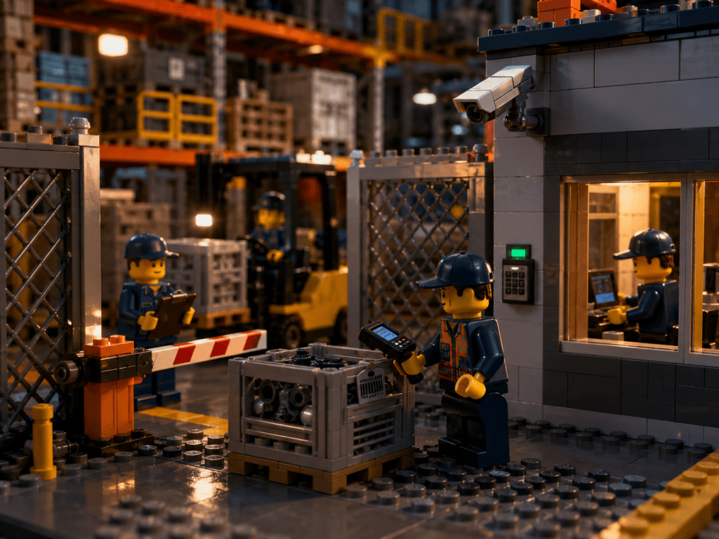LEGO industrial warehouse with gated access, barcode scanning, surveillance cameras, and controlled inventory movement, showing how tools and technology reduce material loss with CyberStockroom