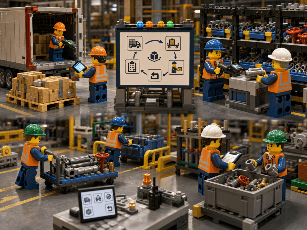 LEGO manufacturing and warehouse environment showing coordinated inventory movement, inspection, storage, and departmental workflows connected through shared parts visibility with CyberStockroom