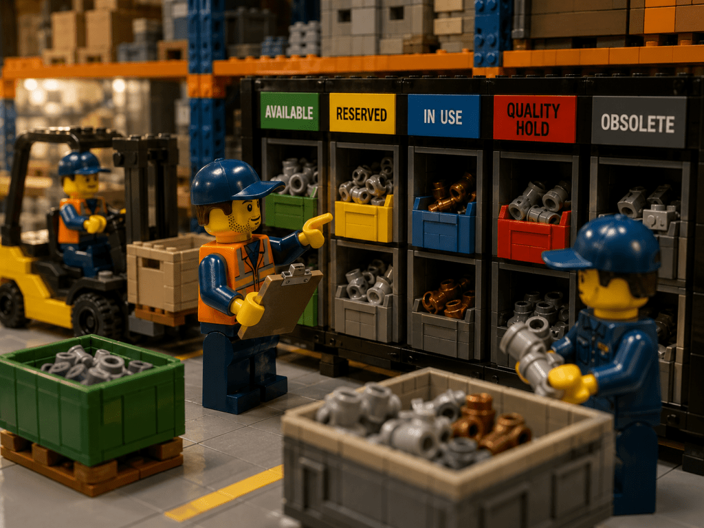 LEGO warehouse workers organizing inventory bins by status labels including available, reserved, in use, quality hold, and obsolete, demonstrating status-based inventory control with CyberStockroom