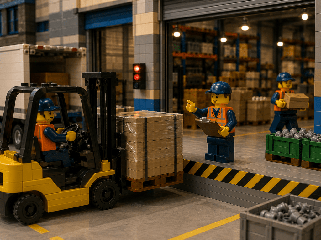 LEGO industrial receiving dock with forklift operator, pallet inspection, inventory receiving workflow, and warehouse staff managing common receiving errors and stock verification using CyberStockroom