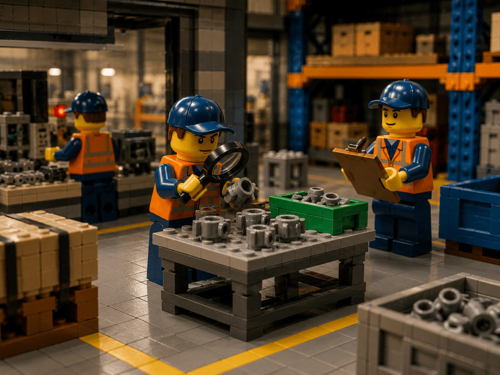 LEGO industrial warehouse receiving inspection showing staff checking incoming parts, validating inventory accuracy, and following warehouse receiving best practices using CyberStockroom
