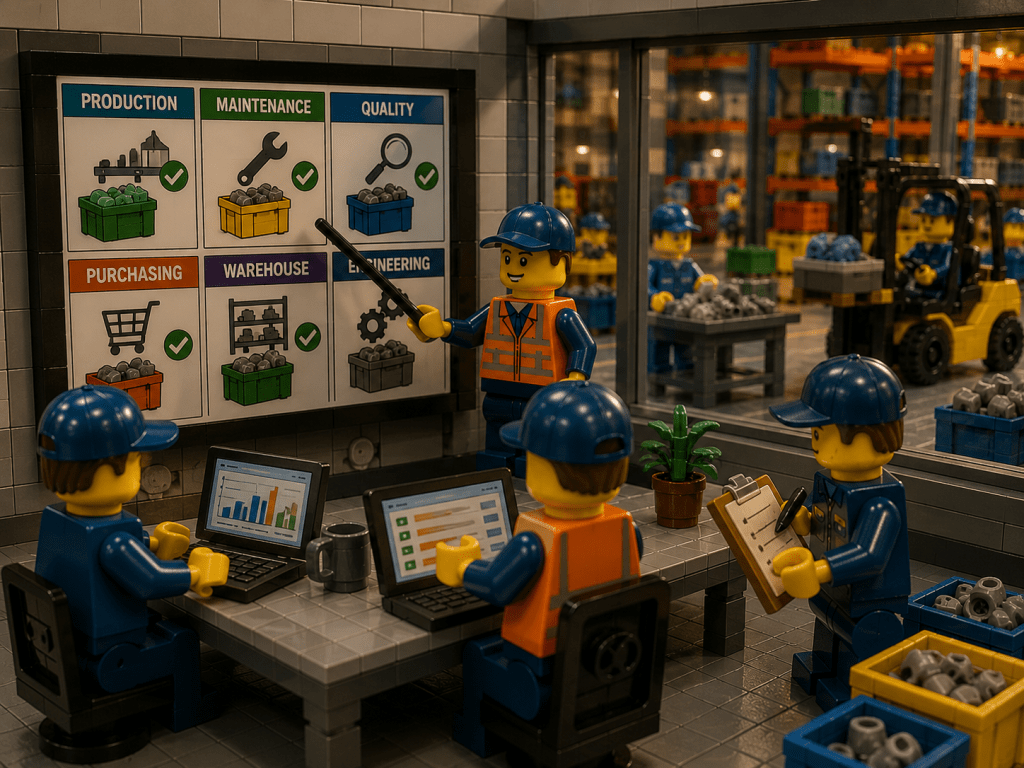 LEGO industrial inventory meeting showing departments coordinating parts visibility, inventory access, and warehouse operations across production, maintenance, engineering, and purchasing with CyberStockroom
