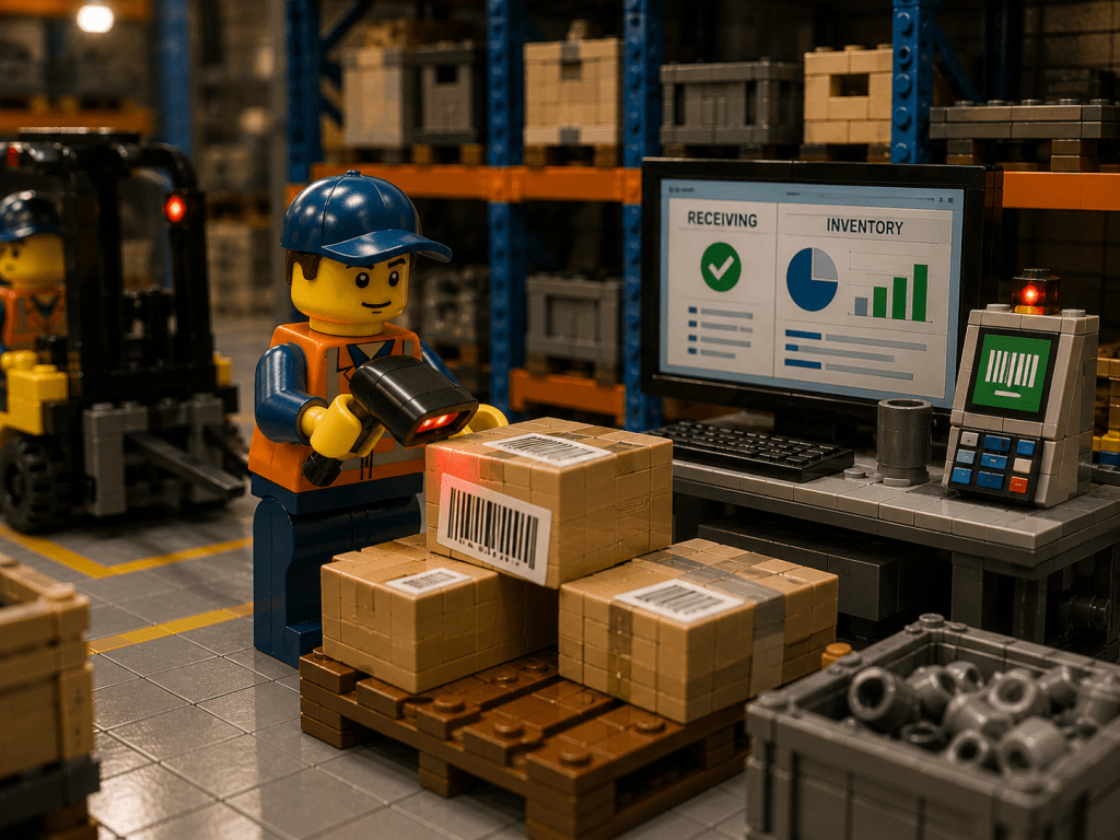 LEGO industrial receiving station showing barcode scanning, inventory tracking dashboard, and warehouse technology used for accurate receiving and inventory management with CyberStockroom