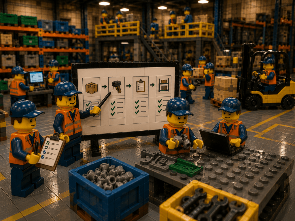 LEGO industrial warehouse operations showing standardized inventory processes, structured receiving workflows, barcode scanning procedures, stock handling routines, and warehouse process management with CyberStockroom