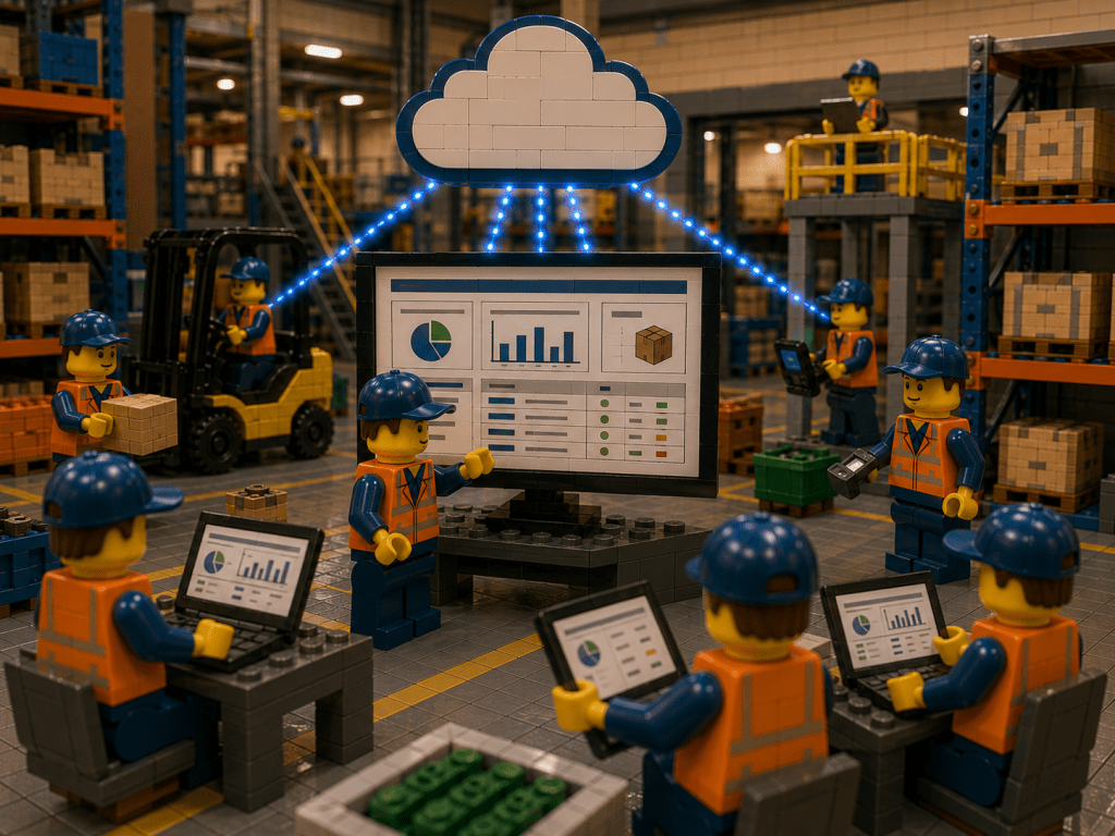 LEGO industrial warehouse scene showing a cloud-based inventory management platform connecting warehouse teams through centralized inventory dashboards, real-time stock visibility, barcode tracking, and unified operations management with CyberStockroom
