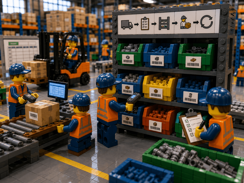LEGO-style warehouse scene showing standardized inventory labeling, barcode scanning, bin location tracking, and structured receiving and storage workflows designed to improve inventory visibility, traceability, and operational consistency with CyberStockroom