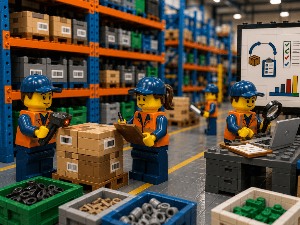 LEGO-style warehouse operations scene showing warehouse teams performing barcode scanning, inventory verification, stock audits, and cross-department inventory coordination to improve inventory visibility and operational accuracy with CyberStockroom