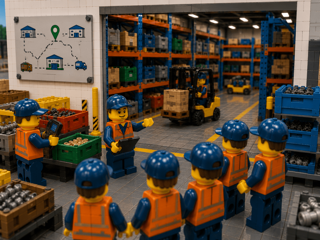 LEGO warehouse team coordinating inventory operations inside a single-location warehouse with organized storage zones, forklifts, mapped workflows, and centralized inventory visibility using CyberStockroom