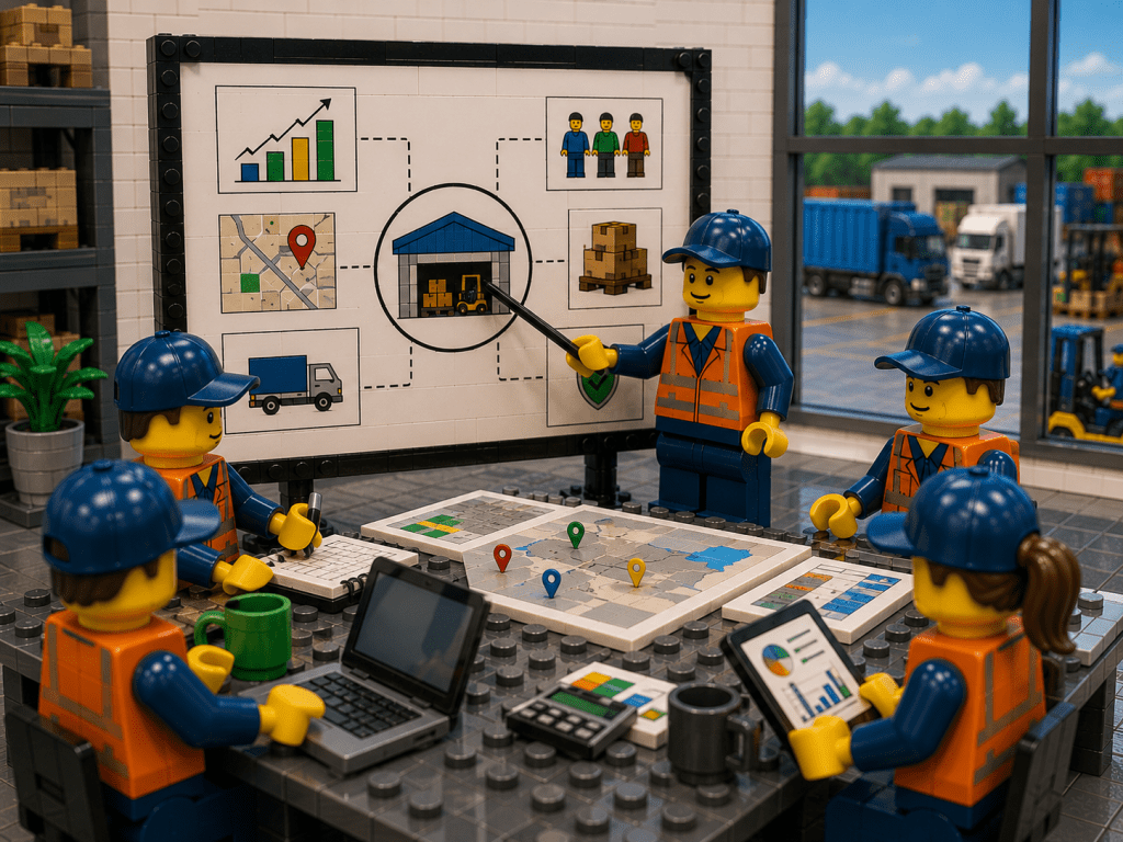 LEGO warehouse leadership team planning warehouse network design with regional inventory mapping, transportation routes, warehouse capacity analysis, and supply chain optimization strategies using CyberStockroom