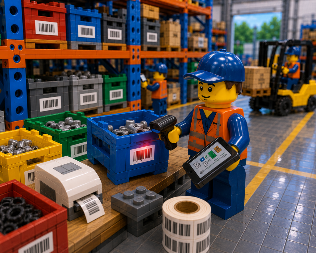 LEGO-style warehouse inventory management scene showing barcode labels, mobile scanning, organized storage bins, forklift operations, and real-time parts visibility across departments using CyberStockroom cloud inventory tracking software